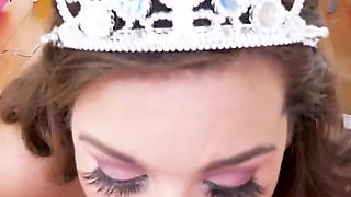 Cute brunette Kimber Woods POV deepthroat blowjob and cum swallow