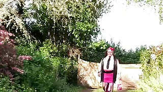 In an outfit with a little pink skirt for an evening.