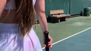 Brunette babe Abbie Maley has public sex on the tennis court