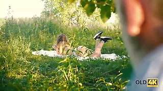 Old4k. cutie sucks older cock and gets it in her tiny snatch outdoors