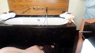 Light femdom and foot fetish play with brunette