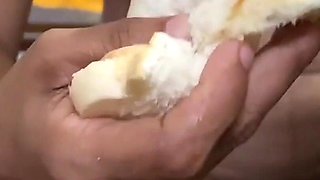 My Naughty Stepsister Handjobs My Big Cock and Eats Cumshot with Bread