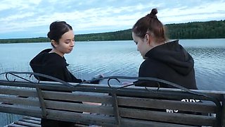 Two Teens Strip at Lake and Fuck Surfer in Outdoor Threesome