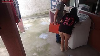 Married housewife pays the washing machine technician with her ass while her husband is not at home