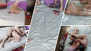 Amateur couple crazy sex in the bedroom. Sexy wife dries her hair.