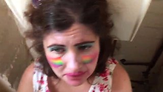 Chubby Sub Gagged and Face Fucked in Toilet, Swallows Cum and Piss