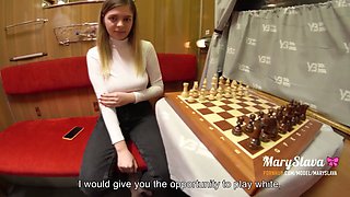 Sumptuous stranger lady was screwed in public train, after losing in chess
