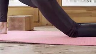 Petite yoga instructor. Bare feet, Nylon leggings