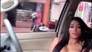 Amazing exhibitionist ladyboy cums in her car