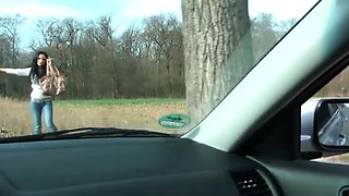 Sensuous milf with big hooters blows a POV cock in the car
