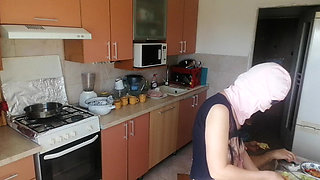 Hot amateur couple having fun in the kitchen. Sexy mom has breakfast in the bedroom, hairy, big, big ass