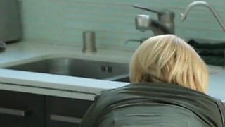 Skinny blonde teen sucks off her big muscle stepdad