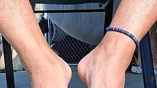 Showing you my bare feet and stroking my cock outside in the sun