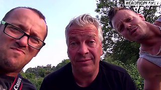 Woman and two guys have sex outdoor and parking lot