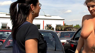 Blowjob at the jankyard and fucking on the hood of the car