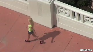 Freshly single blond lady runs into her old friend and has some joy