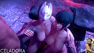 Two Tight Kitsune Waifus Get Pussy Fucked and Splattered with Semen, Goth Babe Summons Tendrils to Fuck Her Goth Slut Holes