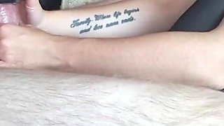 Amateur Edging Footjob and Handjob with Vibrator. Massive Cumshot and Post Cum Handjob