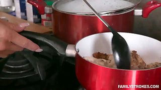 Flawless cougar step-mom with Big Boobs gets fucked by her stepson in the kitchen while grandpa is licking