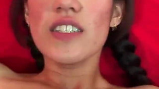 Sweet brunette pounded in POV from BBC dude and creampied