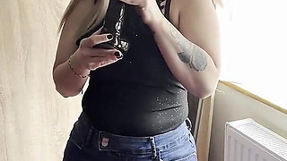 Masturbating with a Huge Black Cock in a Denim Miniskirt