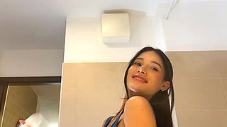 Lia Ponce Sexy Blue Mini Skirt No Panties Upskirt in Bathroom Voyeur HD