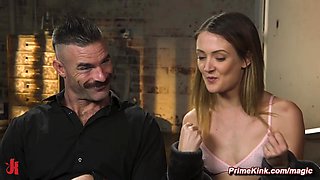 Slim blond hair babe bound and nailed in wet vagina