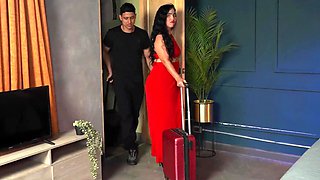 Sexy brunette MILF with huge ass fucks with her horny stepson in her hotel room