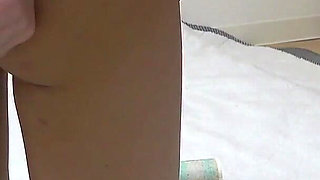 Apron-style Student Uniform, Miniskirt, White G-string Panties and White Socks, Slender Japanese Girl Cleaning Her Apartment