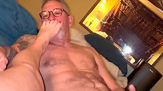 Mature Queen Sucks Cock and it Turns To Mutual Masturbation and Toe Sucking