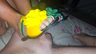 Stepmom in Bright Flip-flops in Bed with Her Stepson