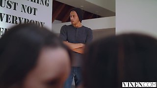 Two slender brunette beauties find a guy with big cock who can satisfy all their lustful urges in a wild FFM threesome