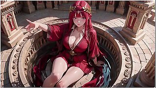 Red-haired Priestesss Forbidden Bath Ancient Stone Corridors Dappled With Light She Lounges In A Circular Pool Overflowing With Liquid