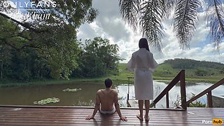 Young duo has romp in the morning on a farm for the first-ever time