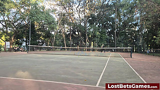 An outdoor strip tennis match with Rafaela and Igor