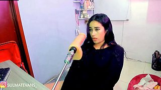 Brunette Sucks Big Pink Dildo Machine