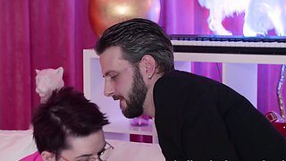 Amateur brunette in latex lingerie fucks hardcore in kitchen