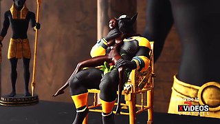 Ancient Egypt. Anubis plays with a hot black girl in the temple