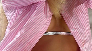 Amazingly Beautiful Hottest Blonde Has a Tent with a Glory Hole and While She Enjoys Her Tea She Likes to Have Cum on Her Legs