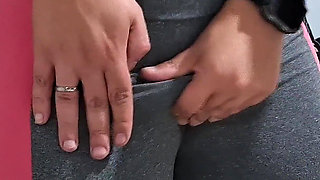 Masturbating Her Camel Toe on the Table with the Neighbor's Help