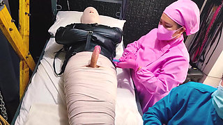 2 sadistic nurse tormenting slave with sounding