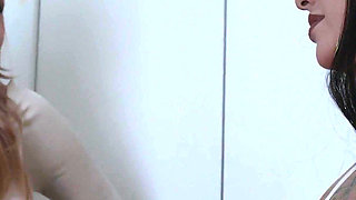 Blonde Step Mom and Step Daughter Kiss and Help Step Son Cum in Their One Bed Hotel Threesome