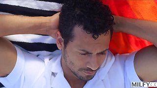 Redheaded Hoe Rides Big Latin Cock By The Pool