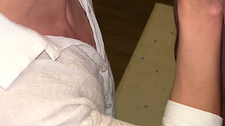 Hot Russian wife shows her wet pussy gives blowjob and swallows