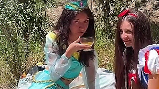 Cute Princesses Jasmine and Snow White Get Fucked by Rough Guys in a Fairy-tale Forest