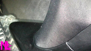 Pedal Pumping in Black Pantyhose and Grey Patent High Heels