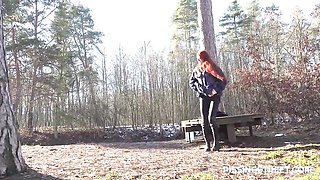 Gorgeous redhead model in black boots Katy Rose pee in the pak