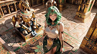 Green-Haired Egyptian Queen! Kneeling in the Golden Hall, guarded by Sphinxes.