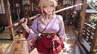 Purple Kimono Fantasy! Blonde Goddess in the Japanese Corridor, lazy gazes, hand on hips, sunlight drenching her skin.