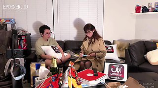 Horny Office Girl in Stockings Fucks on Couch